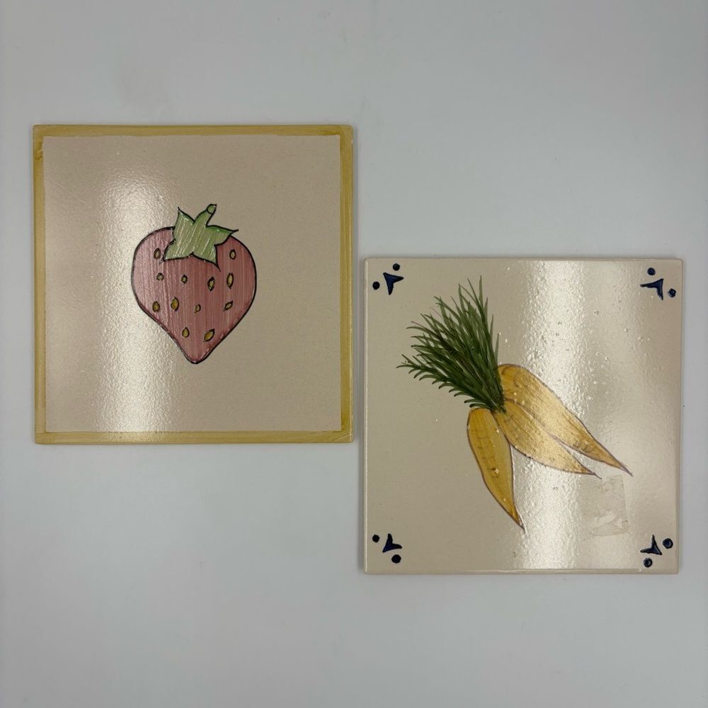 Vintage Azupal Pombal Fruit and Vegetable Carrot and Strawberry Ceramic Tiles